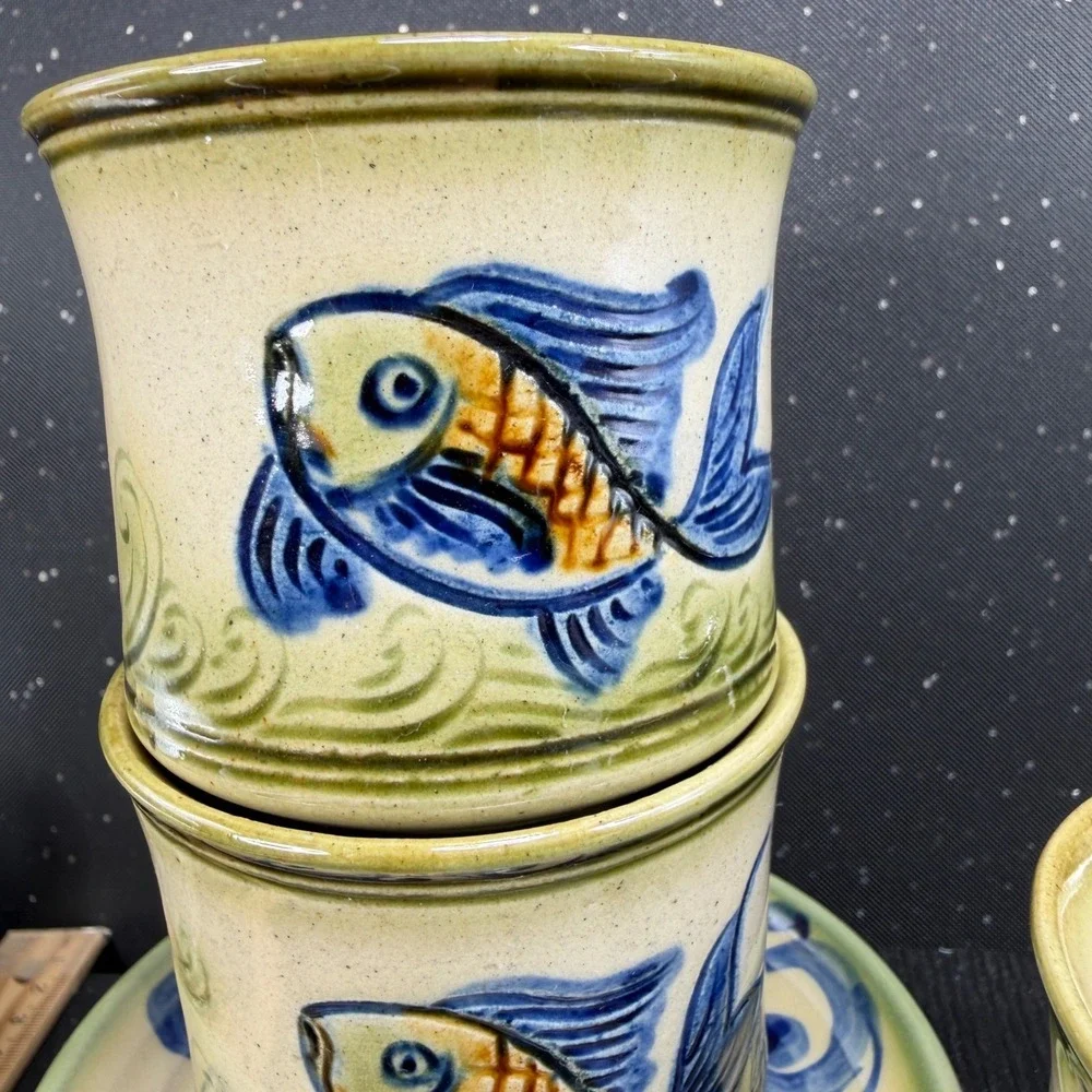 Tsuboya Ware Yachimun Japanese Pottery Fish Cups and Plates Set 4pc Okinawan
